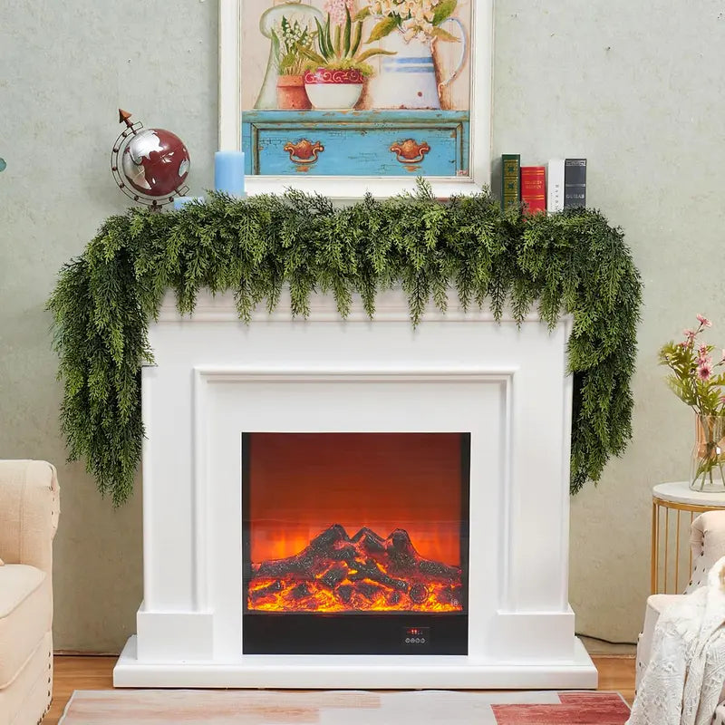 Cedar garland draped across a mantel; styling accessories not included