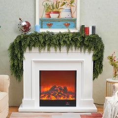 Cedar garland draped across a mantel; styling accessories not included